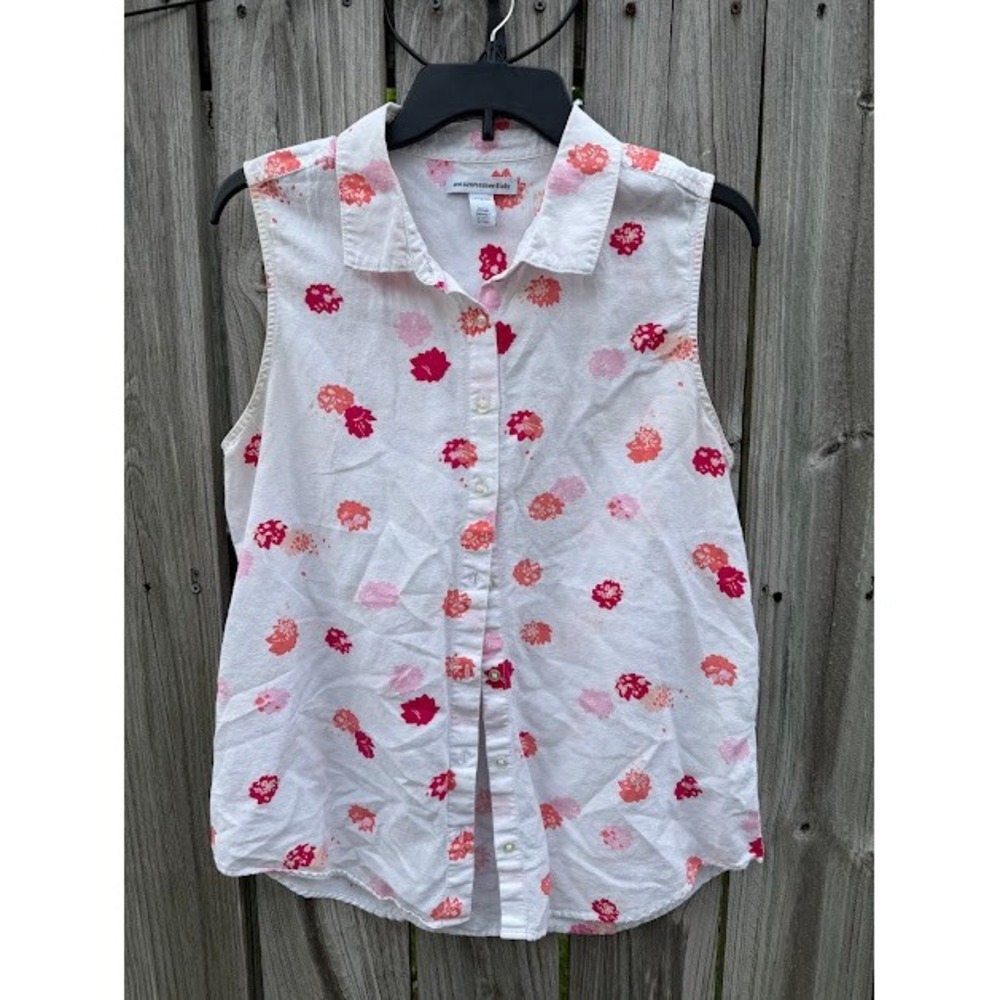 Floral Amazon Essentials Button Down Women‎ M White Pink Orange Linen Bl